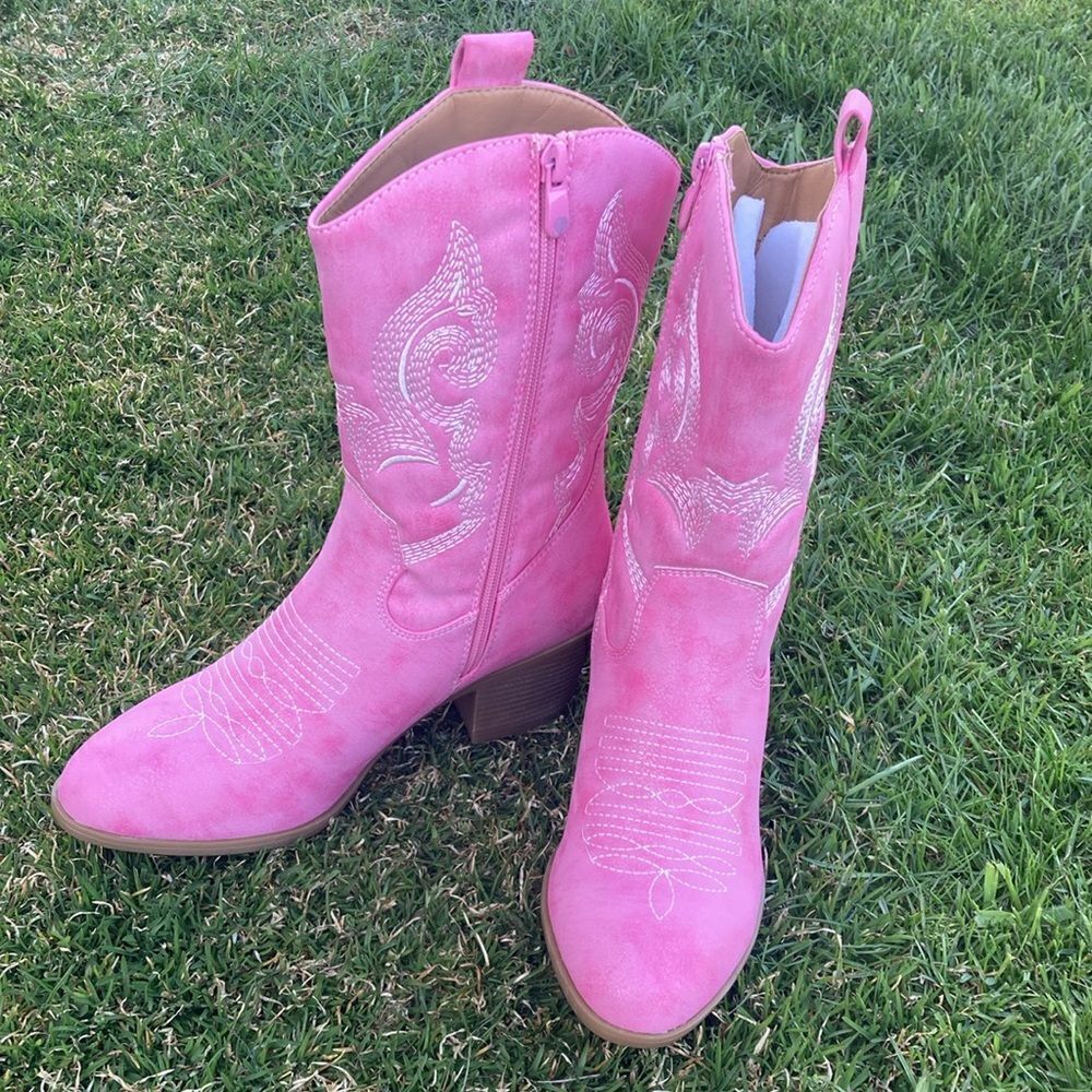 Women's Mid Calf The Western Cowgirl Boots Chunky Low Heel - Picture 4 of 16